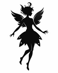 Fairy Silhouette Illustration – Enchanting Black and White Vector Design.