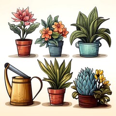 Six potted plants and a watering can, illustrated in cartoon style.