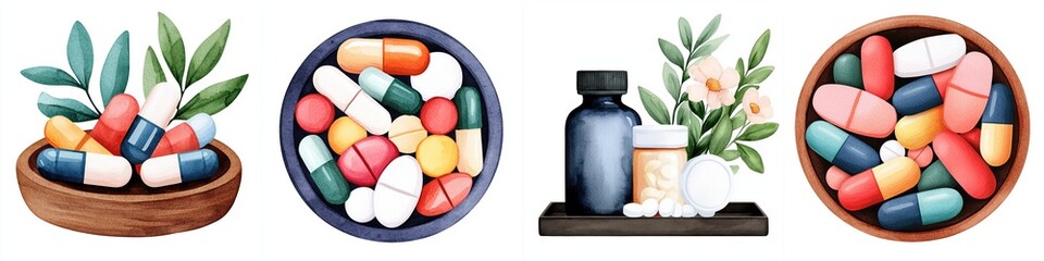 aging population future concept. Various colorful pills and supplements arranged in decorative bowls.