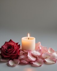 Lit Candle Nestled Among Rose Petals and a Rose