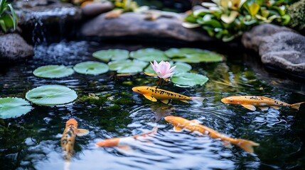 Koi fish in a garden pond with water lilies. Concept of tranquility, peace, and nature.