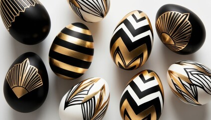 Luxurious Easter eggs in black, white, and gold with bold geometric and striped patterns. Elegant greeting card