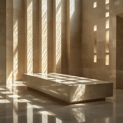 A sleek, rectangular podium made of polished stone, bathed in sunlight streaming through modern geometric windows, shadows forming intricate patterns