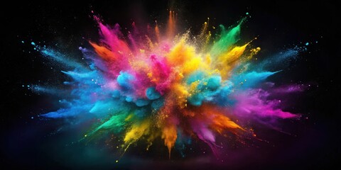 A vibrant explosion of multicolored powder bursts against a stark black background, showcasing a dynamic and energetic display of color.