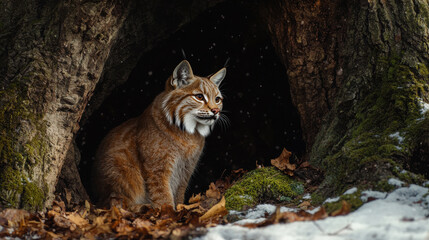 Majestic Lynx Observing Its Surroundings From Forest Hollow Surrounded By Fallen Leaves And Light Snowfall Amidst A Serene Woodland Setting