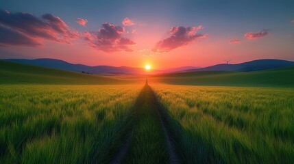 Fototapeta premium Panoramic view of a country road leading to a vibrant sunset over a field of wheat.