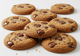Chocolate chip cookie on white background close-up