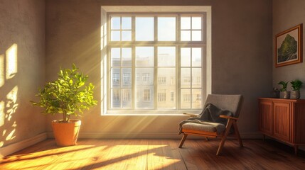 Fototapeta premium Bright, airy loft with clean concrete walls, warm wood floors, and a large window framing a stylish cloth chair and board.