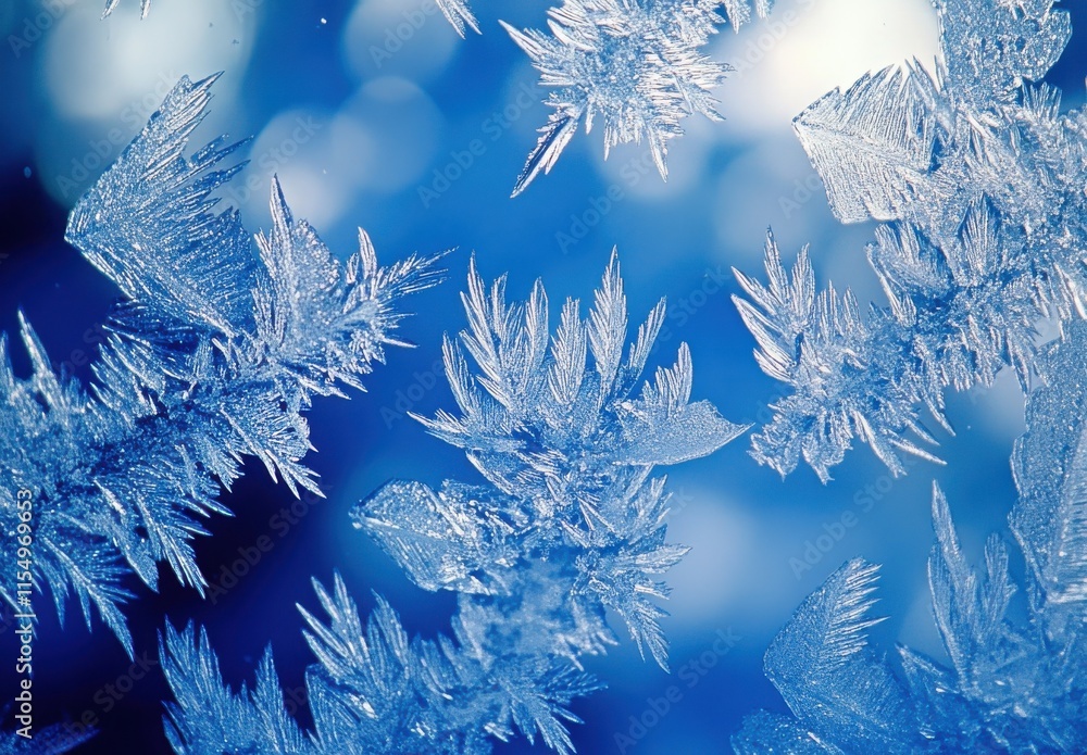 Poster intricate and sparkling ice crystals forming on a cool surface with soft blue background highlightin