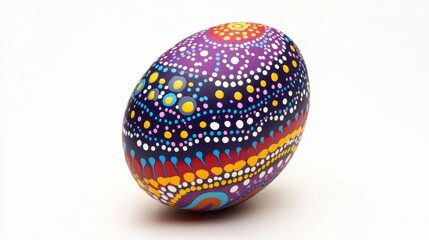 Obraz premium Bright and colorful Easter egg with intricate dot-and-line designs, placed on a pure white background for a modern look.