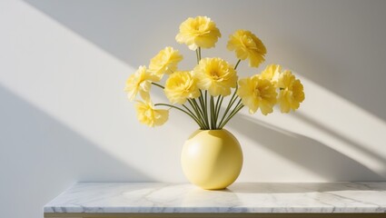 yellow flowers in a yellow vase on a marble table © Ta Sher