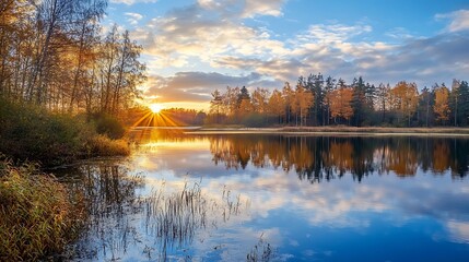 Obraz premium Autumn Sunrise over a Calm Lake. Tranquil Nature Scene.
