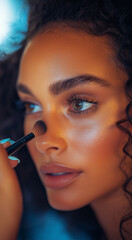 Obraz premium A professional makeup artist is applying the final touches to their model's look, focusing on subtle color blending and contouring for an elegant finish. The scene captures them in
