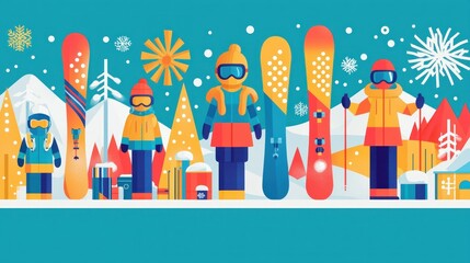 Obraz premium Colorful Winter Sport Scene Featuring Cartoon Skiers and Snowboarders Against a Vibrant Snowy Landscape with Trees and Snowflakes