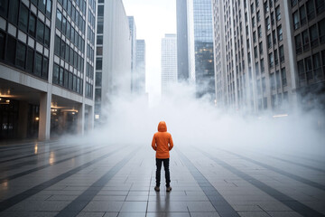 Obraz premium Person urban walkway misty atmosphere skyscraper jacket