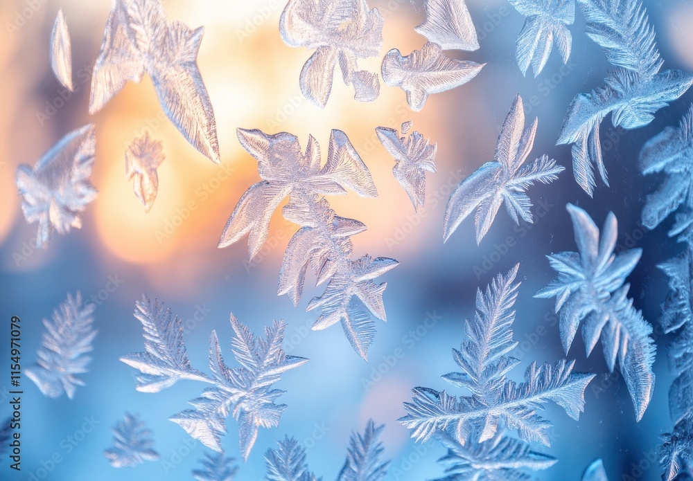 Poster Intricate Patterns of Frost on a Windowpane Capturing the Beauty of Winter with a Soft Blurred Background of Warm Colors at Sunset