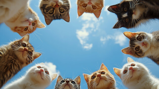 From a bottom-up perspective, eight cats form a circle. The expressions on the cats' faces are different. Some have their eyes wide open, while others are half-squinting and so on.