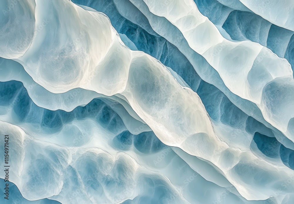 Poster intricate patterns of ice formations with soft, textured surfaces and varying shades of blue and whi