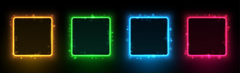 Obraz premium Set of square shining neon frames with futuristic highlights isolated on black background. Vector 3d illustration.