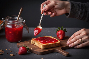Rustic breakfast table jar strawberries toast jam spoon