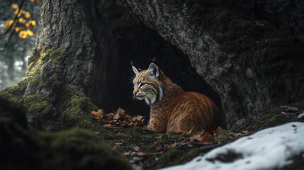 Obraz premium Majestic Lynx Resting in Its Natural Habitat Surrounded by Trees, Leaves, and Snow and Highlighting the Beauty of Wilderness and Wildlife Conservation