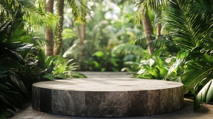 Rustic stone tabletop in a lush outdoor garden, framed by blurred tropical leaves