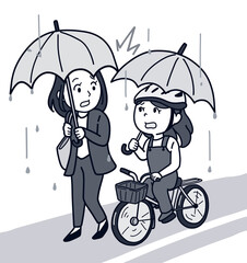 雨の日に傘さし自転車と接触する人（道路込み・1トーン）