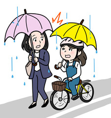 雨の日に傘さし自転車と接触する人（道路込み・カラー）