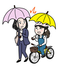 傘さし自転車と接触する人（人物のみ・カラー）