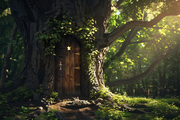 Naklejka premium Fantastically door in wild forest leading to deep unknown