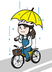 雨の日に傘をさして自転車に乗る人（道路込み・カラー）