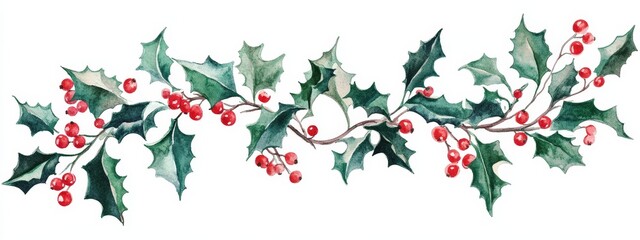 Watercolor painting of holly branch with red berries.