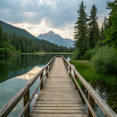 vertical shot of a wooden passage over a reflect