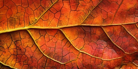 Obraz premium Close up showcasing the intricate texture of an autumn leaf, highlighting the natural patterns and vivid colors that define the beauty of autumn leaf details in nature.