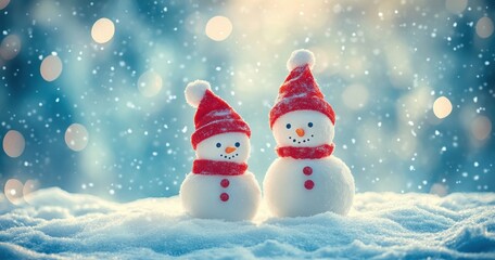 Fototapeta premium Joyful Snowmen in Red Hats Surrounded by Snowflakes and Soft Bokeh Lights Creating a Magical Winter Wonderland Atmosphere
