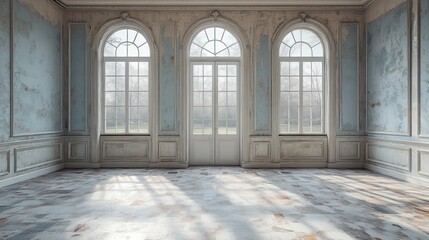 Elegant, weathered room with large windows.