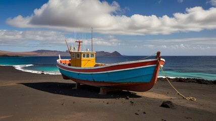 Naklejka premium A bright fishing boat rests on a sandy beach, showcasing vibrant colors against a backdrop of peaceful waves and cloudy skies, embodying a sense of adventure and tranquility