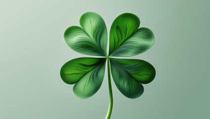A vibrant four-leaf clover stands out against a soft green backdrop, showcasing its lush green leaves and symbolizing luck and good fortune in a bold, artistic presentation