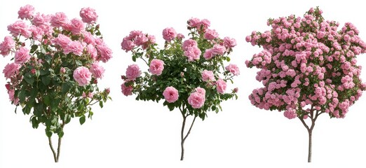 Three pink rose bushes isolated on white background. (1)