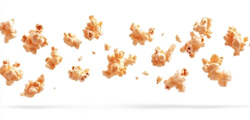 Floating popcorn kernels isolated on white background.