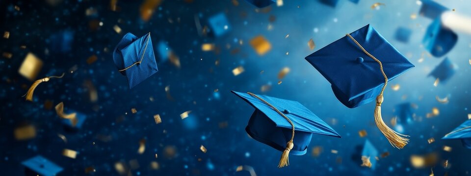 Blue graduation caps tossed in the air with confetti.