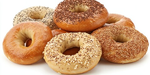 Bagels showcased on a white background, featuring a variety of delicious bagels. The bagels highlight their appealing textures and toppings, perfect for showcasing the delightful bagels.