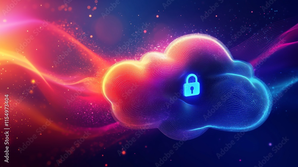 Poster a futuristic cloud icon with an open lock, symbolizing flexible data access. the design is complemen