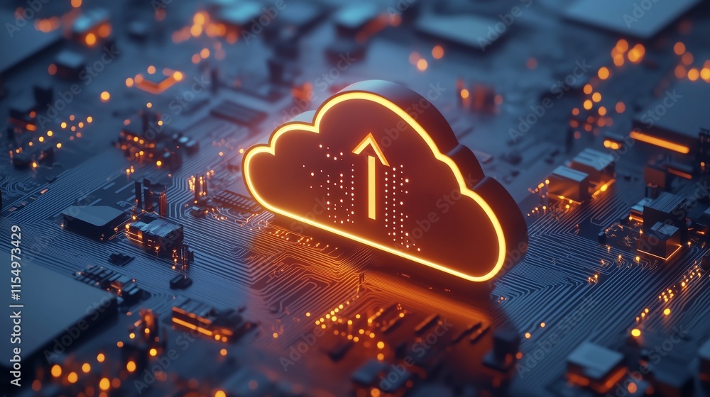 Poster a modern cloud design with a glowing upward arrow, symbolizing data upload. abstract circuits and a 