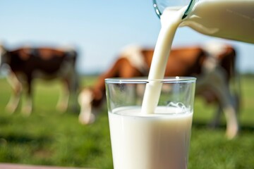 Fresh milk pouring into a clean glass, symbolizing safety and quality, with a focus on the pure white stream and dairy farm essence.