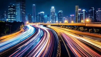 Fototapeta premium Night City Highway with Light Trails. Concept of urban development, fast paced life, and modern technology.