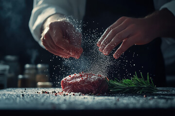 A chef seasons a raw steak with salt and pepper, highlighting culinary preparation.