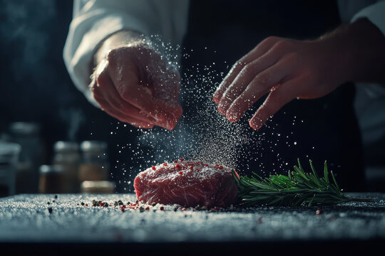 Naklejki A chef seasons a raw steak with salt and pepper, highlighting culinary preparation.