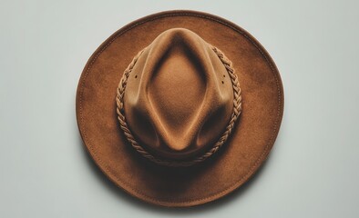 Brown felt cowboy hat, top view, isolated.