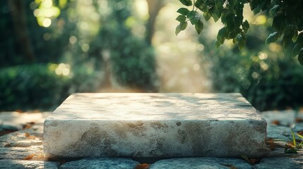 Obraz premium Rustic stone tabletop in a lush outdoor garden, framed by blurred tropical leaves